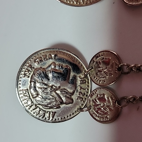 Alexandria the Great 327 BC faux coin dangle pierced earrings 3"x 1'  silvertone - Picture 2 of 3